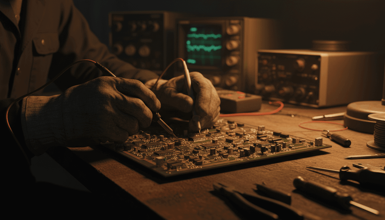 Technician performing precision repair on railway electronic circuit board