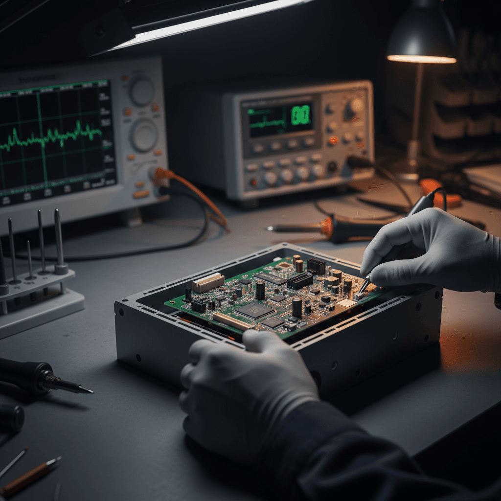 Engineer performing component-level repair on railway electronic board