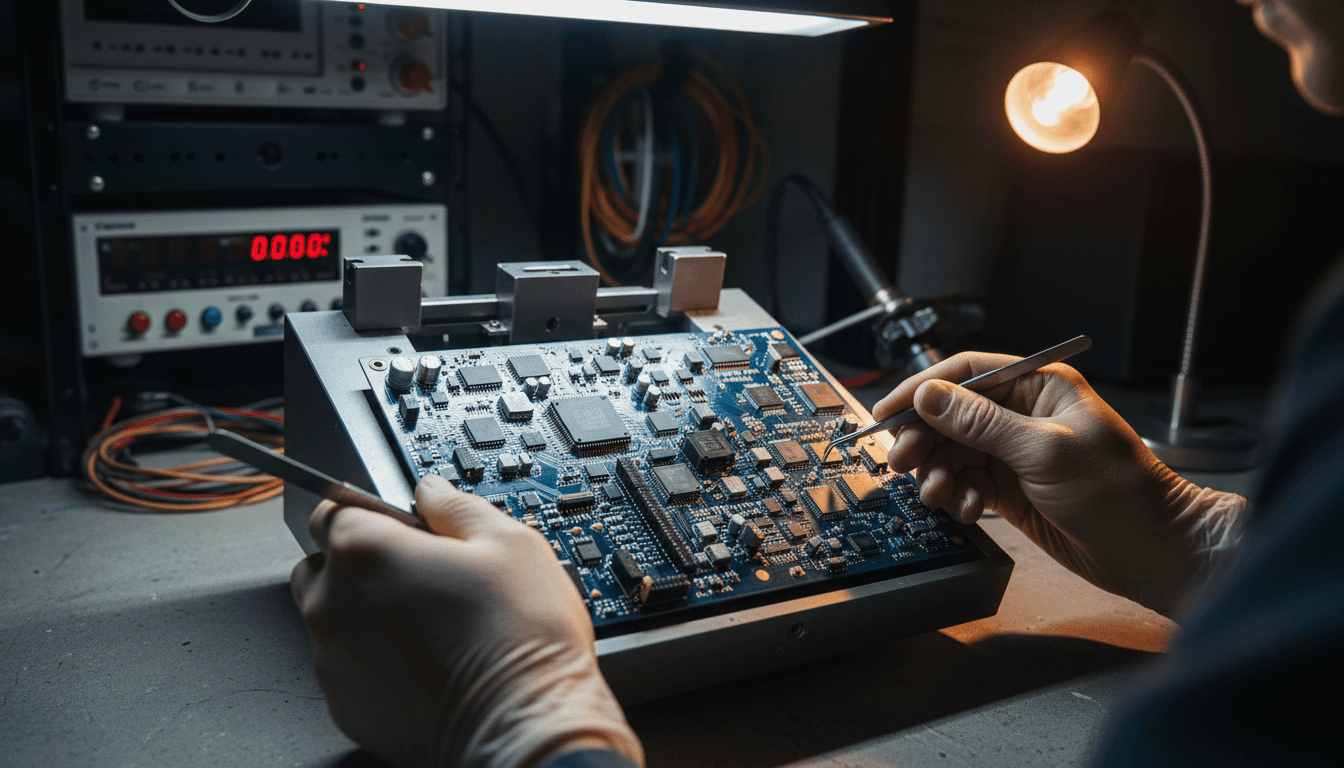 Technician inspecting railway electronic circuit board with precision diagnostic tools
