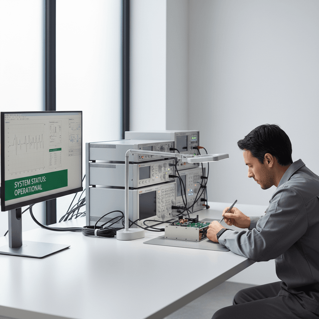 Technician repairing communication module at equipped repair workstation