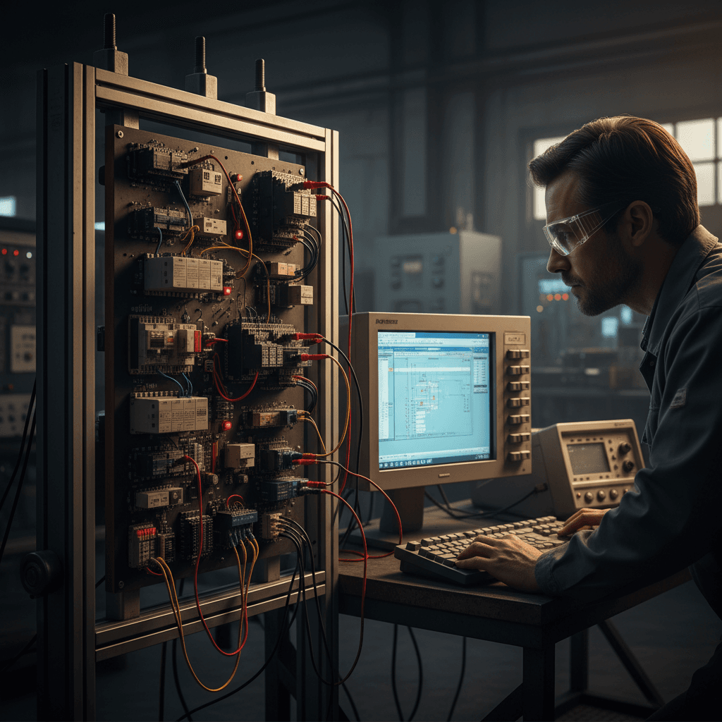 Engineer performing functional testing on railway signaling board