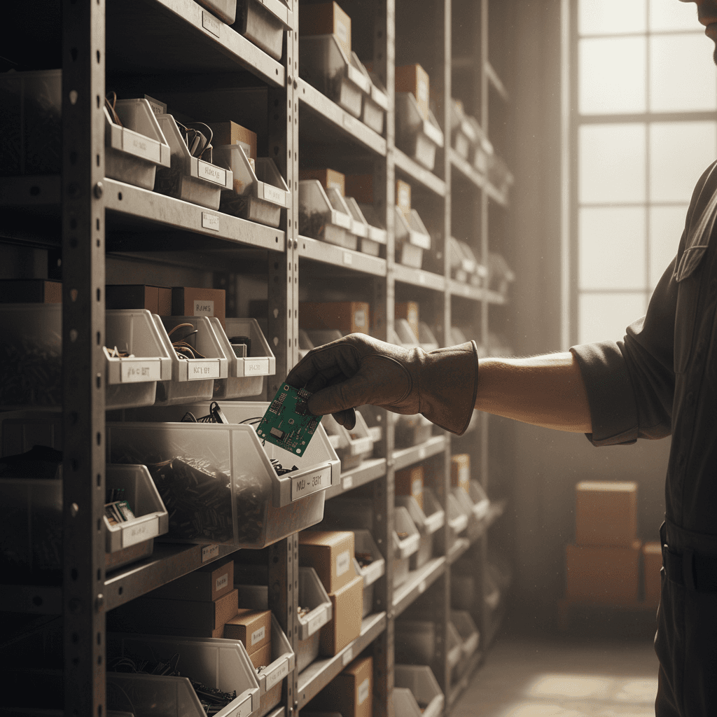 Technician selecting and retrieving electronic components from organized inventory